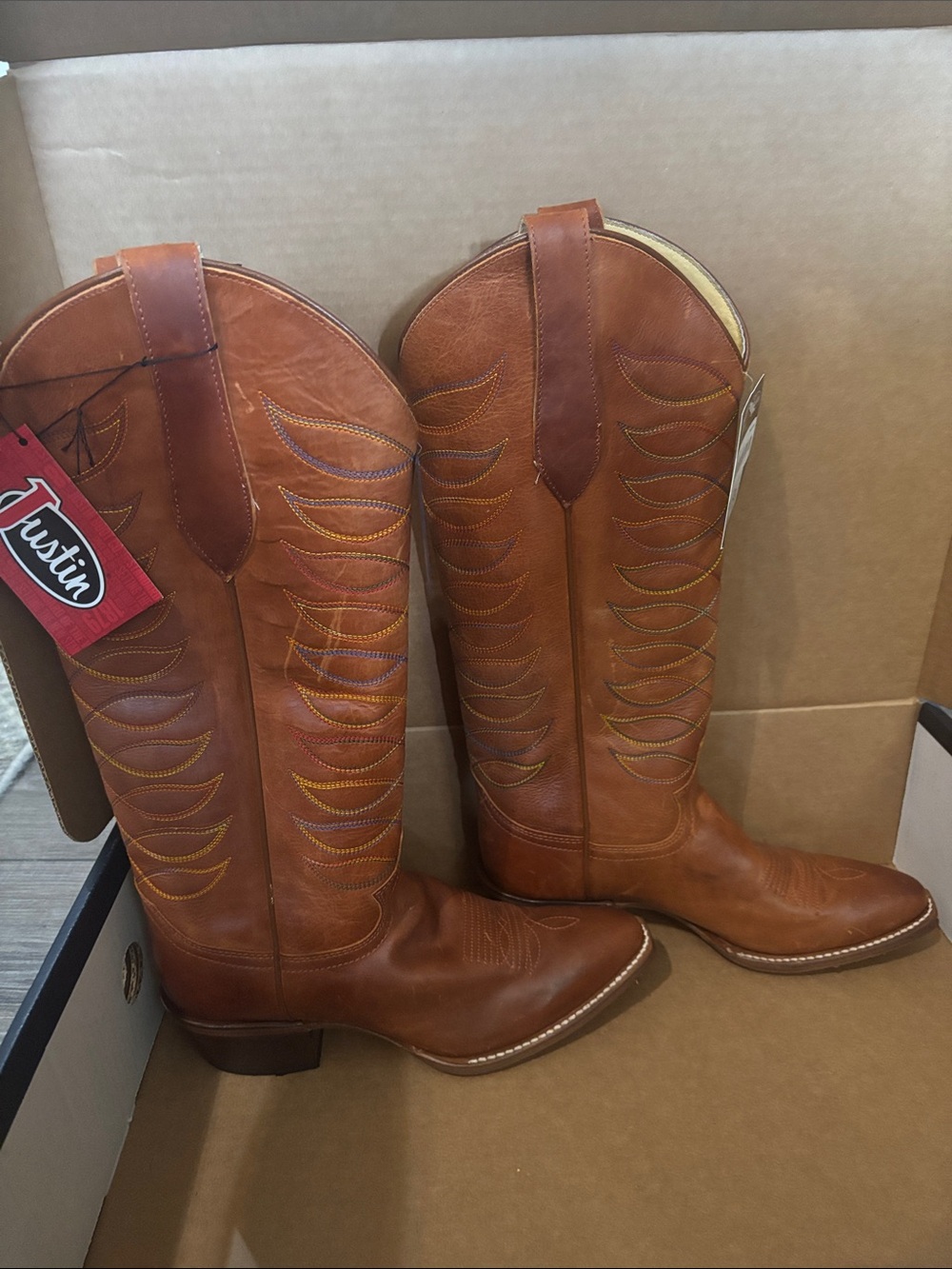 Justin Boots Brown Western Tall Leather Cowboy Boots - Picture 3 of 8